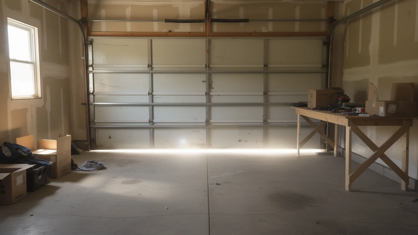 The garage door is closed, with a workbench and boxes inside.