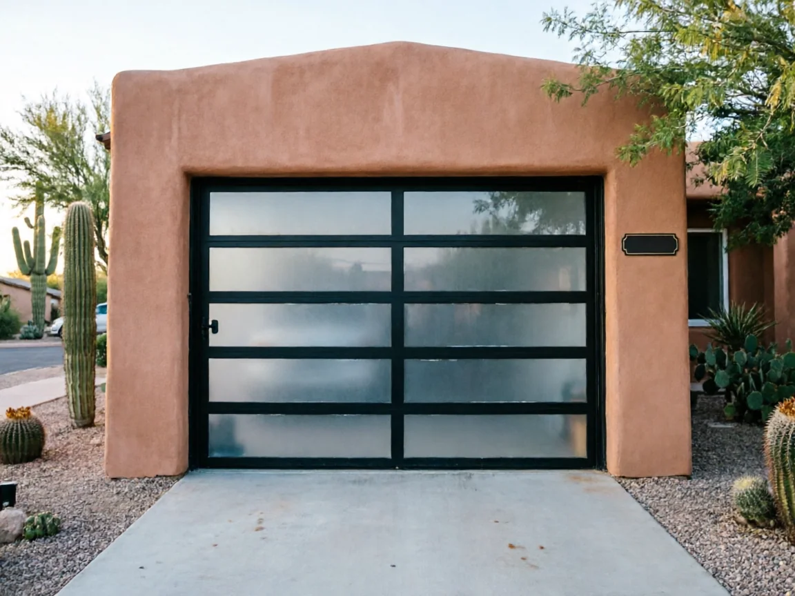 A modern garage door with frosted glass panels on a stucco house.