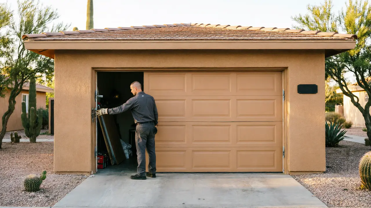 A technician in a gray uniform is working on a tan garage door.