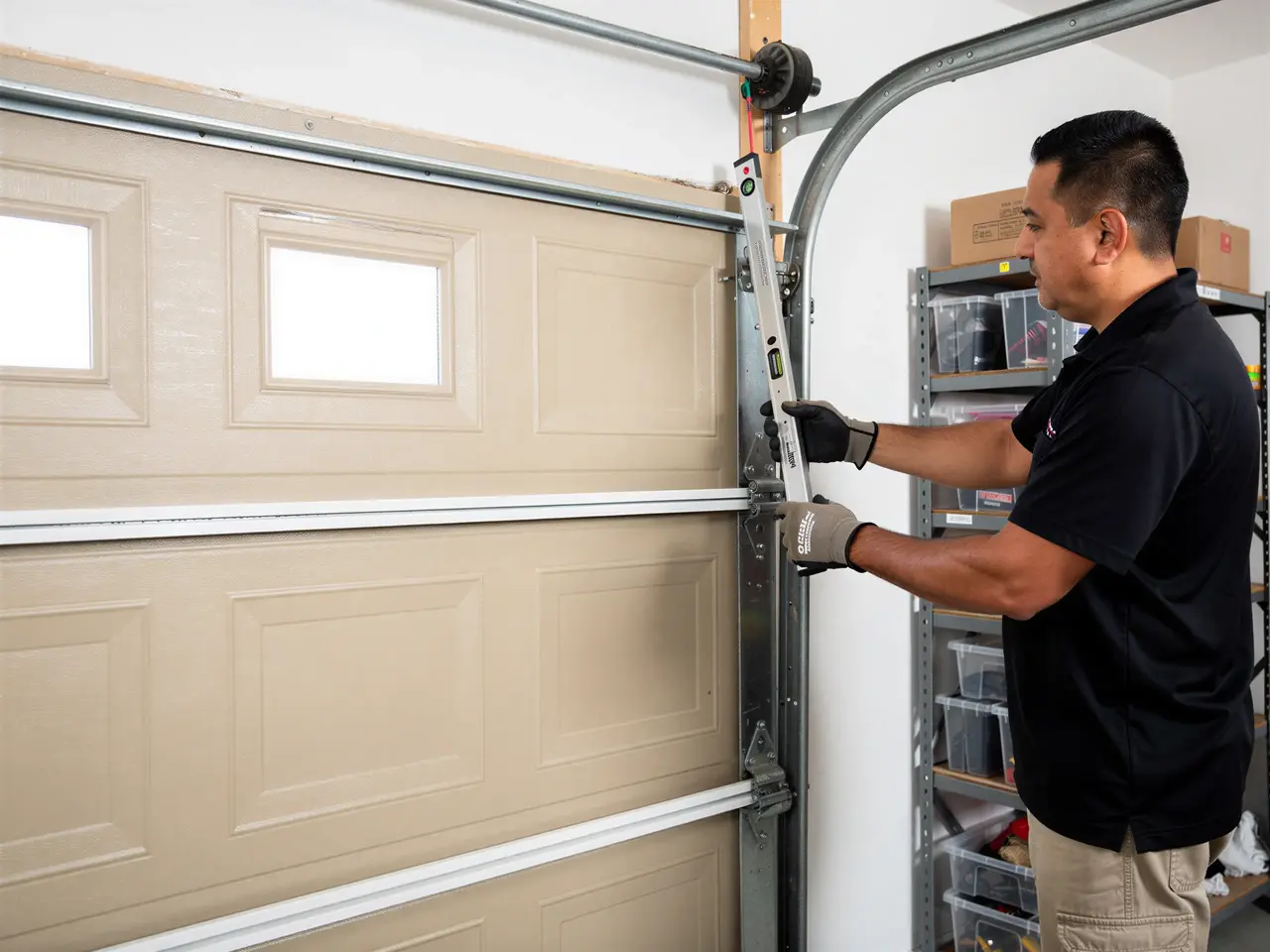 A technician uses a level on a tan garage door.