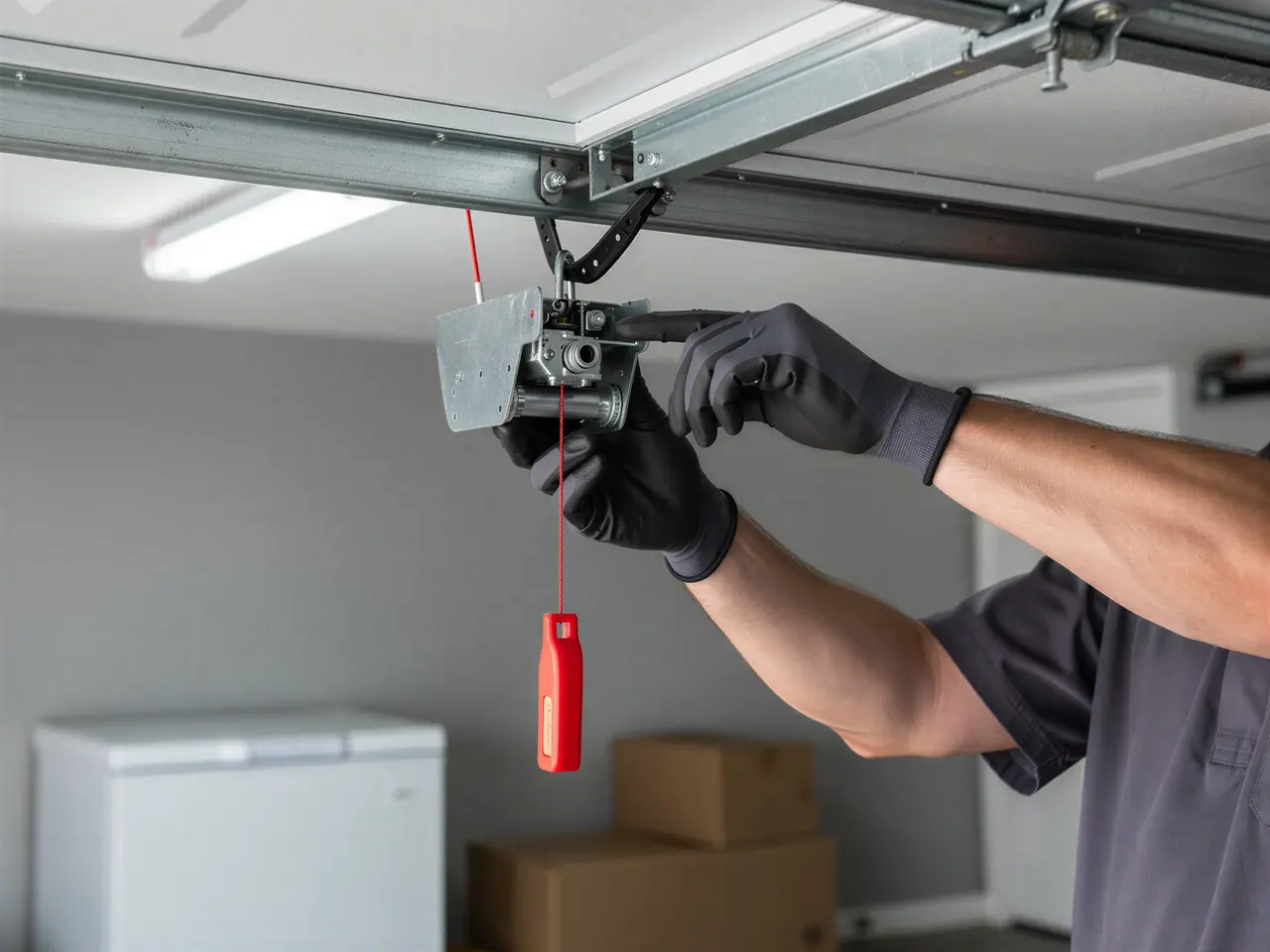 A technician in black gloves works on a garage door opener.