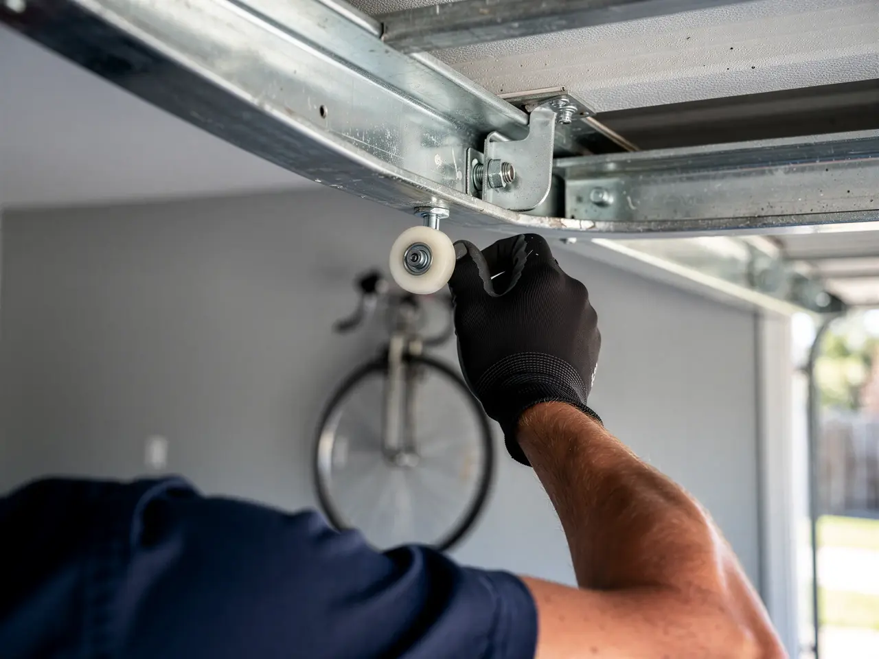 A technician in a black glove adjusts a white roller on a metal garage door track.